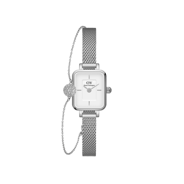 Quadro Mini Sterling & Pavé Crystal Pendant Bracelet Silver set featuring a petite rectangular ladies watch with a white dial and silver mesh strap, paired with a delicate silver chain bracelet adorned with a sparkling pavé crystal sphere.