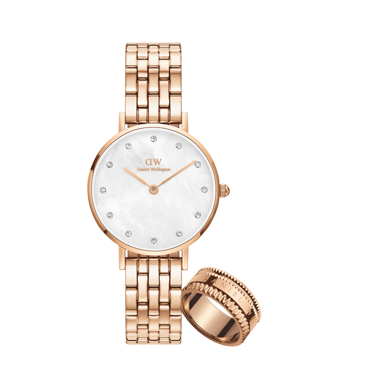 Rose gold ladies watch with a 5-link bracelet, white mother of pearl dial, crystal hour markers, and matching rose gold Elevation Ring with textured edge, styled together for a refined jewellery set.