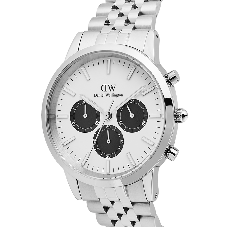Iconic Chronograph Arch 5-Link Off-White Panda Silver men's watch with a polished stainless steel bracelet, off-white dial, bold black sub-dials, and minimalist chronograph design.