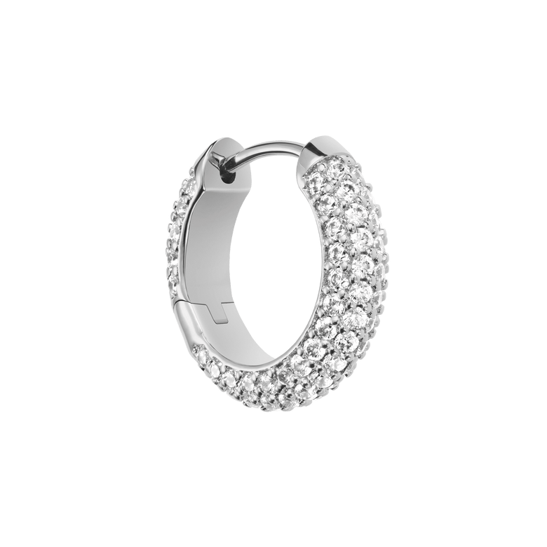 Single Pavé Crystal Earrings Silver featuring a petite hoop shape, rhodium plated brass and densely set cubic zirconia crystals for a polished, sparkling finish.