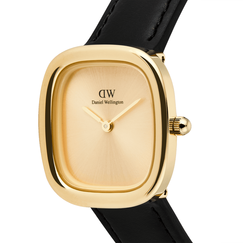 Close-up of the Margot Sheffield Unitone Sunray Gold ladies watch, showing its rectangular gold case, minimalist gold dial, and black genuine leather strap.