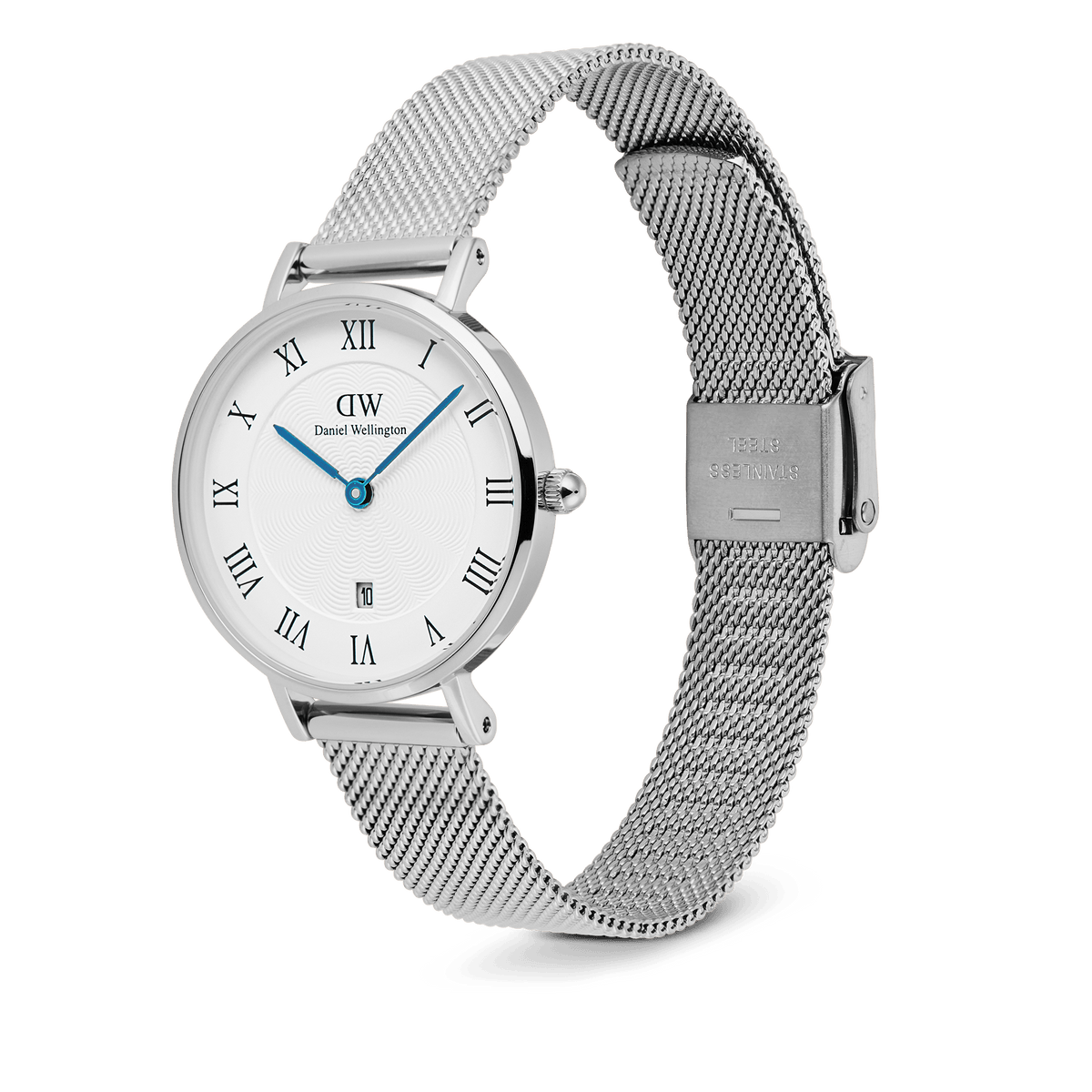 Petite Roman Numerals Date Silver watch with a polished stainless steel case, guilloché dial, blue hands, Roman numerals, date window at 6 o’clock, and an adjustable silver mesh strap.