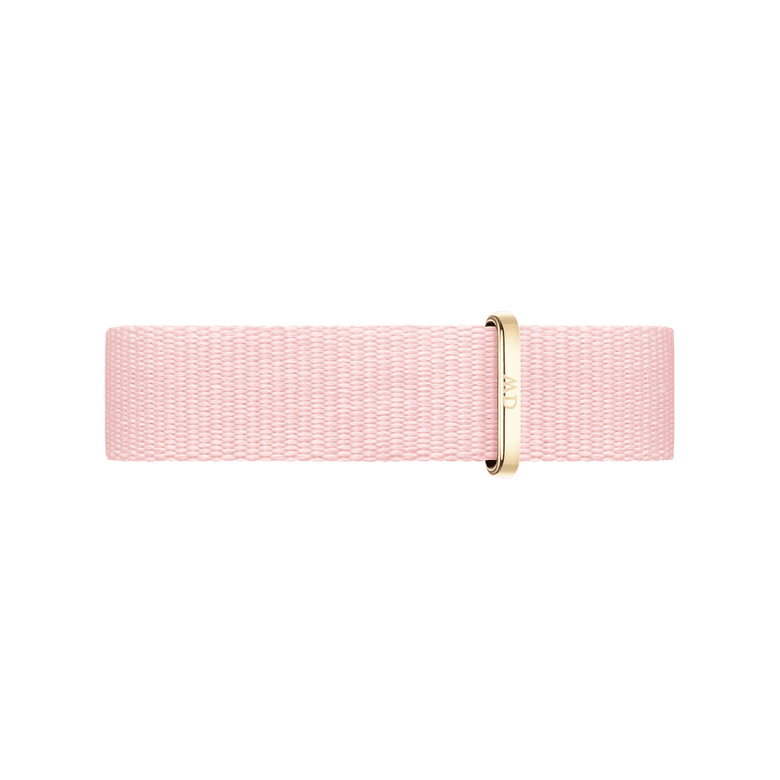 Rosewater Strap Gold showcases a slim pastel pink NATO watch strap made from recycled polyester, finished with a gold buckle for a modern and elegant look.