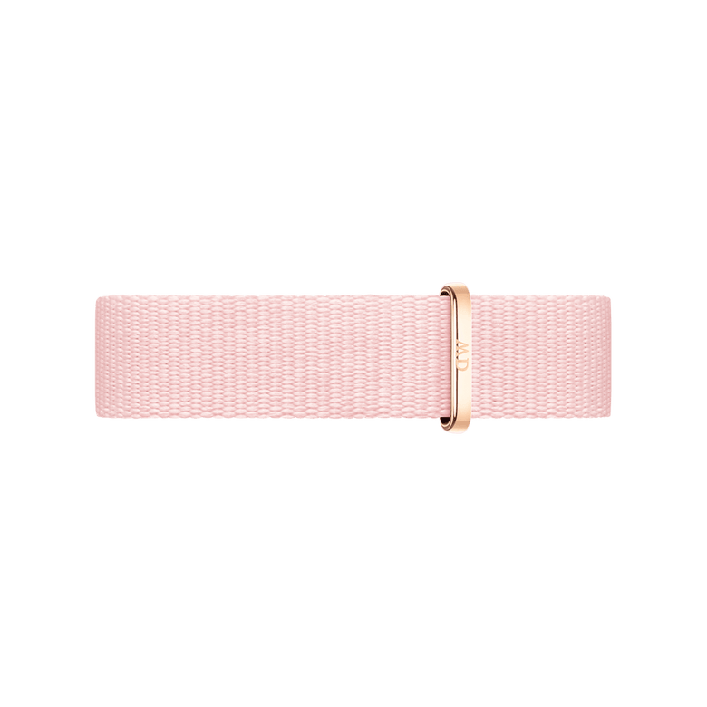 NATO style watch strap in soft pink recycled polyester with a rose gold buckle, designed for Daniel Wellington watches and ideal for adding a subtle touch of colour.