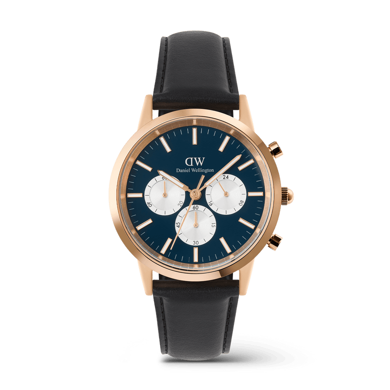 Iconic Chronograph Sheffield Arctic Panda Rose Gold men's watch featuring a deep blue dial with white sub-dials, rose gold case, and a classic black leather strap.