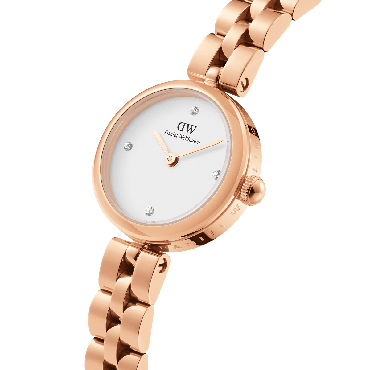 Close-up of the Elan Lumine Rose Gold ladies watch featuring a rose gold three-link bracelet, minimalist white dial, and crystal hour markers, highlighting its refined and modern design.