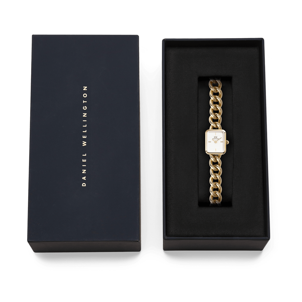 Jolie Chain Gold ladies watch presented in a sleek black Daniel Wellington gift box, featuring a chunky gold chain bracelet and minimalist square white dial, ideal for gifting or adding to a collection.