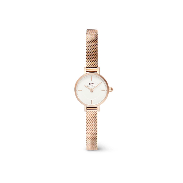 Petite Mini Melrose ladies watch with a slim rose gold mesh strap and a minimalist white dial, designed for everyday elegance and comfort.