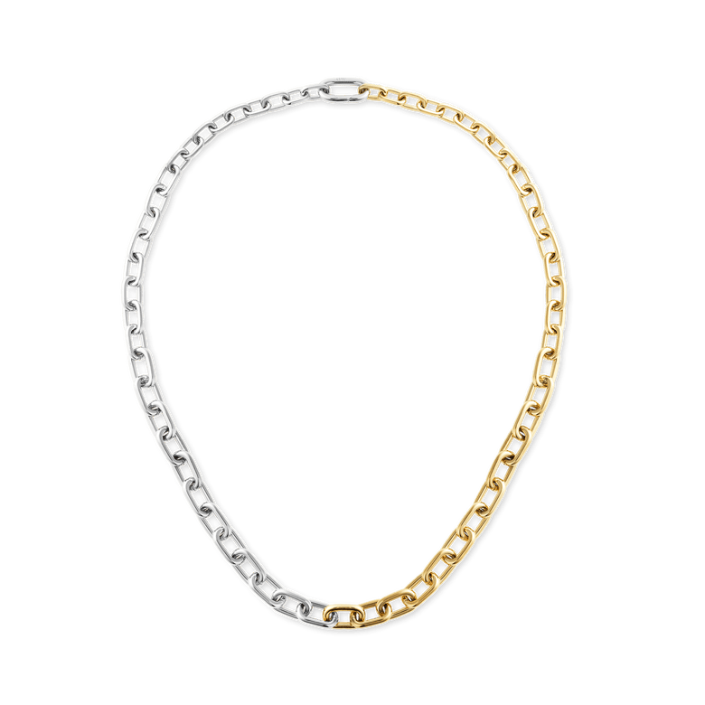 Contrast Link Necklace Two Tone Gold features a modern chain design with alternating gold and silver links, creating a bold yet refined look that sits elegantly at the collarbone.