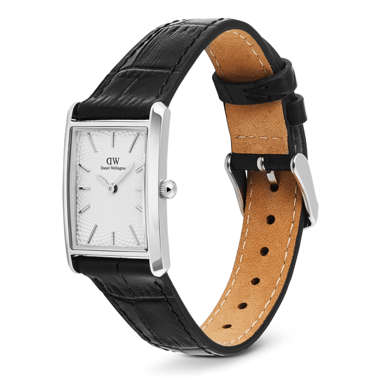 Bound Black Crocodile Guilloché Silver watch with a rectangular polished silver case, white guilloché-patterned dial, and a black crocodile-embossed genuine leather strap featuring a pin buckle closure.