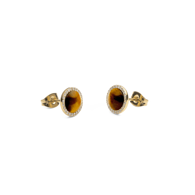 Daniel Wellington Audrey Earrings Tiger Eye Gold shown from a side angle, highlighting the domed tiger eye stones, gold-plated setting, and halo of white cubic zirconia crystals with secure stud backs.