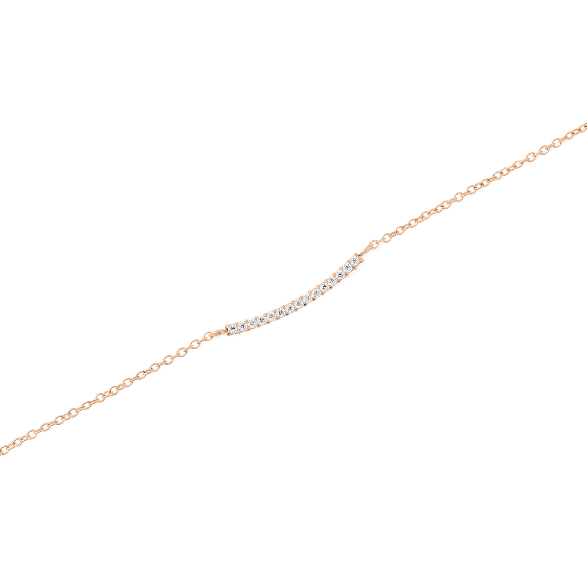 Close-up of the Mirelle Eternity Necklace Rose Gold, showing a slender rose gold bar pendant set with sparkling white cubic zirconia crystals on a fine chain.