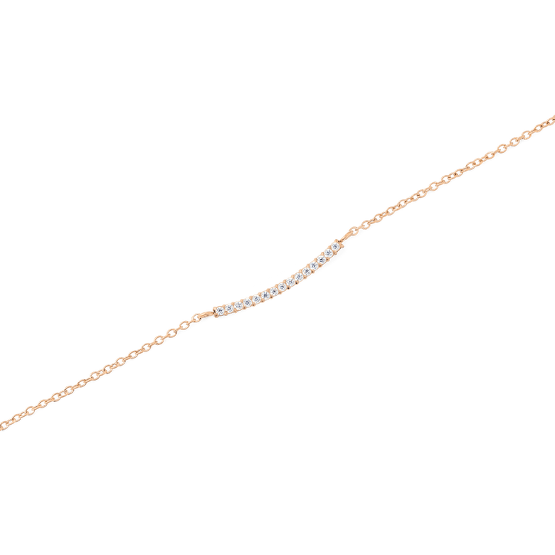 Close-up of the Mirelle Eternity Necklace Rose Gold, showing a slender rose gold bar pendant set with sparkling white cubic zirconia crystals on a fine chain.