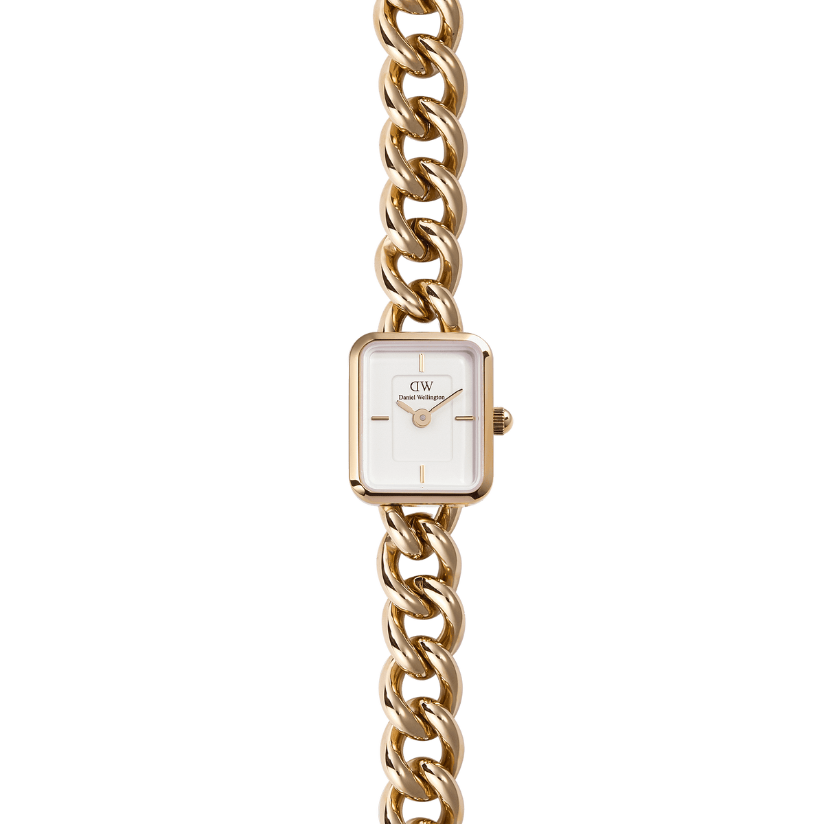 Jolie Chain Rose Gold watch with a chunky rose gold chain link bracelet, petite square case, and minimalist white dial, designed for women who prefer a jewellery-inspired accessory.