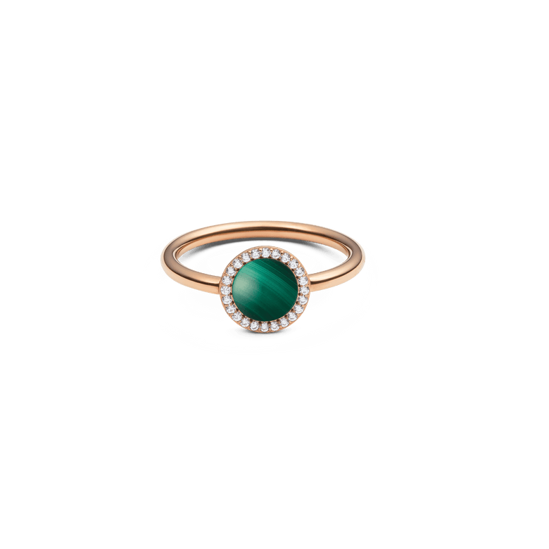 Rose gold ring featuring a round malachite centre stone surrounded by a halo of sparkling white cubic zirconia, set on a slim polished band.