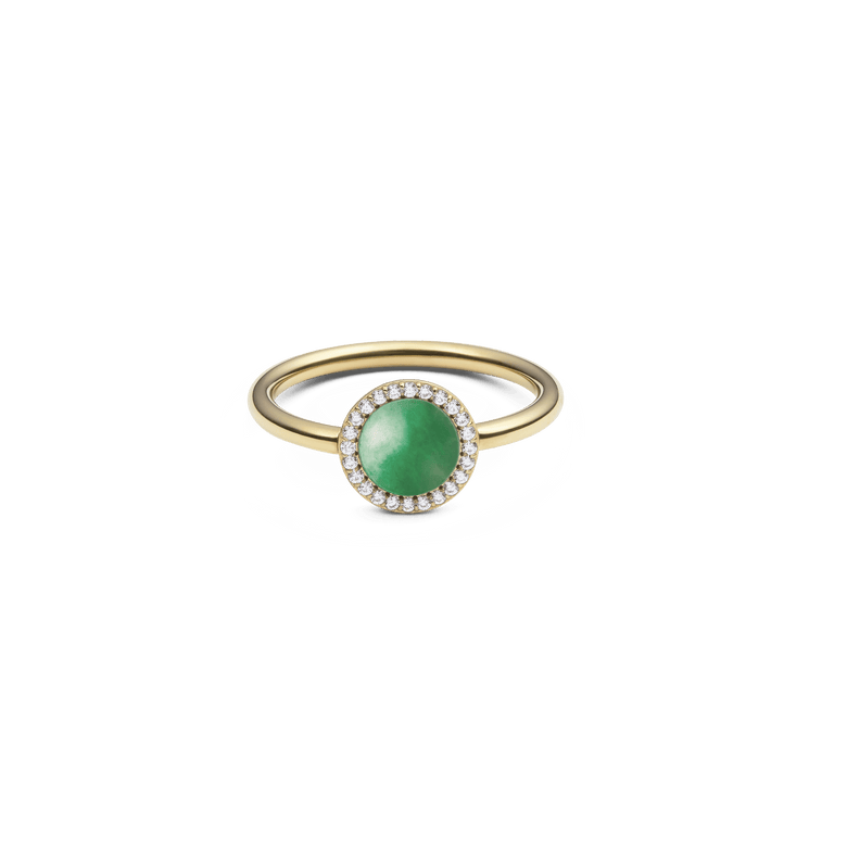 Gold ring with a round green jade centrepiece, surrounded by a halo of white cubic zirconia, featuring a slim polished gold band.