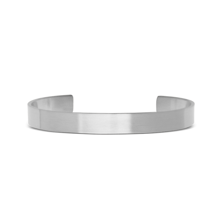 Slim brushed silver cuff bracelet with a minimalist open design, crafted from 316L stainless steel and featuring clean lines for a modern, understated look.