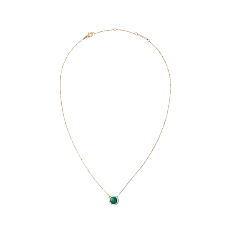 Delicate rose gold necklace with an adjustable chain, featuring a round domed malachite pendant framed by a halo of white cubic zirconia crystals.