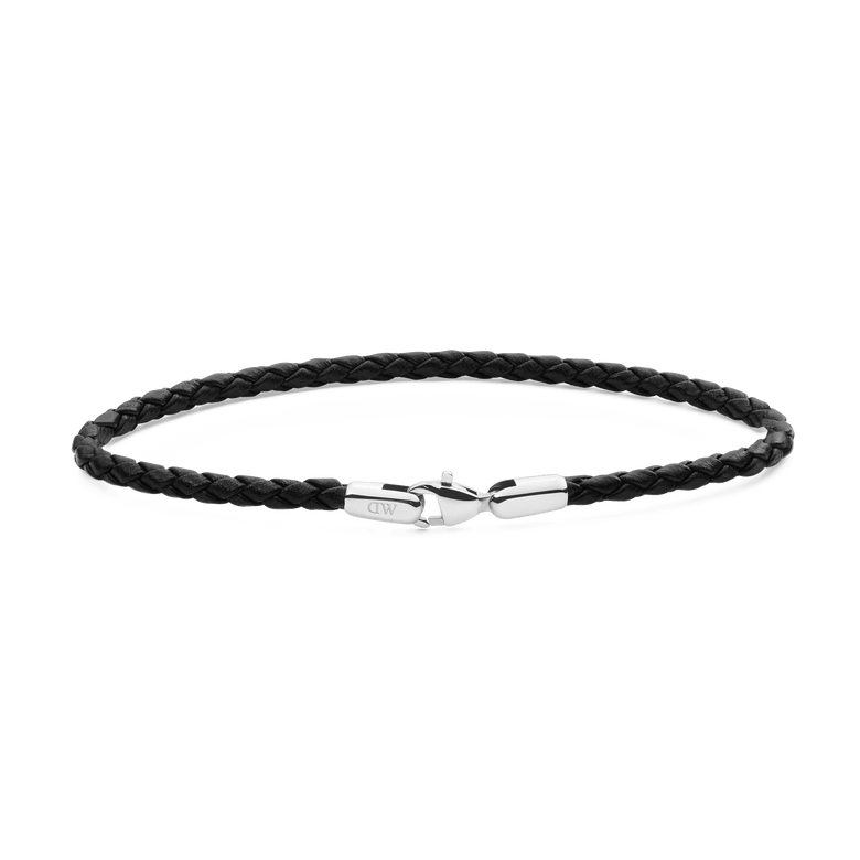 Slim black braided leather bracelet with a polished silver stainless steel clasp, showcasing a minimalist and refined design suitable for everyday wear.