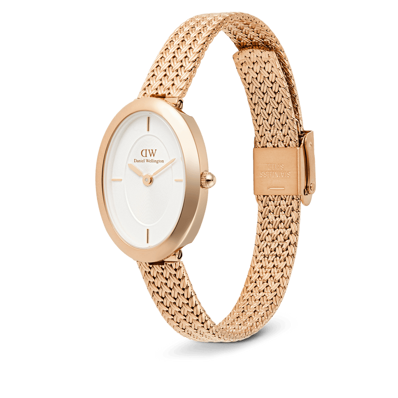 Juliette Braided Mesh White Sunray Rose Gold watch with a slim oval case, white sunray dial, minimalist indices, and a braided rose gold mesh strap featuring a fold-over clasp.