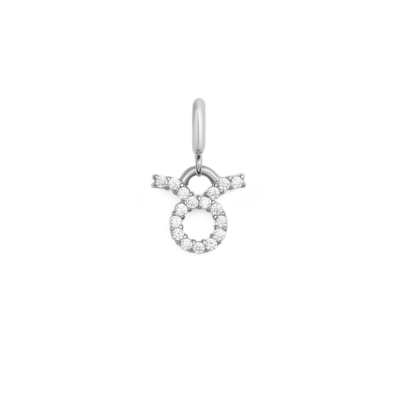 Taurus zodiac watch charm in polished silver, featuring sparkling cubic zirconia crystals and a minimalist design, ideal for adding a personalised touch to Daniel Wellington watches or bracelets.