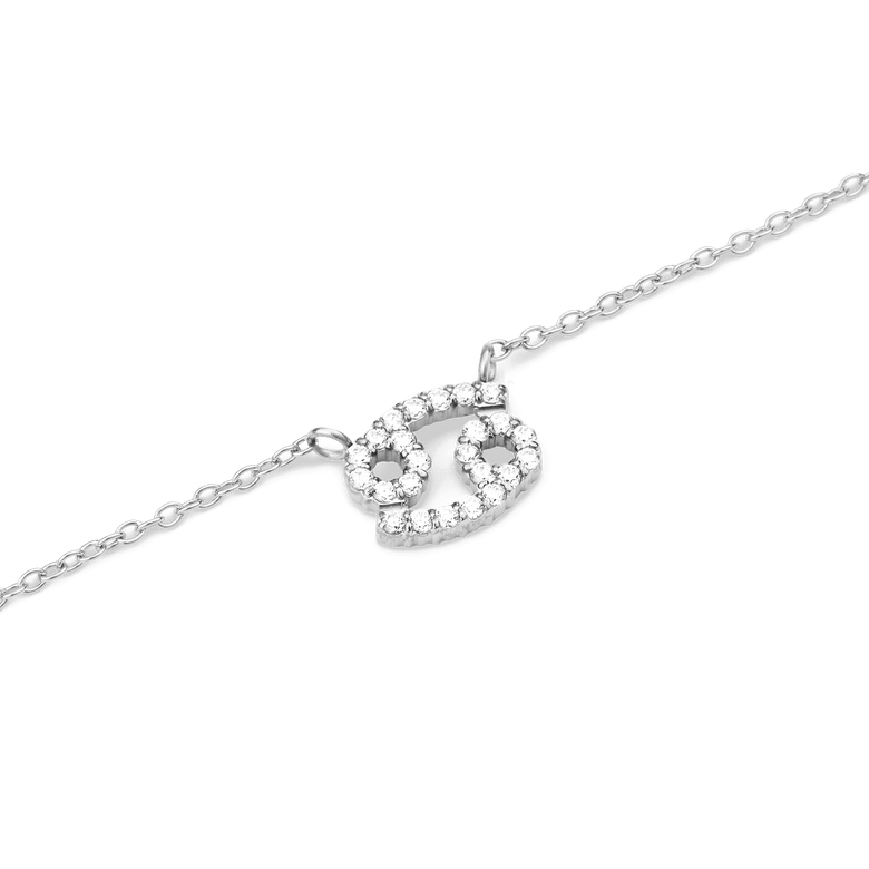 Close-up of the Crystal Zodiac Chain Necklace Silver featuring a Cancer zodiac pendant encrusted with sparkling hand-set crystals on a fine silver chain.