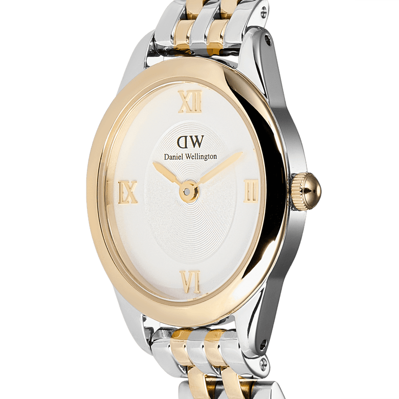 Close-up of the Ophelia Mini Two Tone Gold watch showing the oval gold bezel, white dial with gold Roman numerals, and polished gold and silver bracelet links.