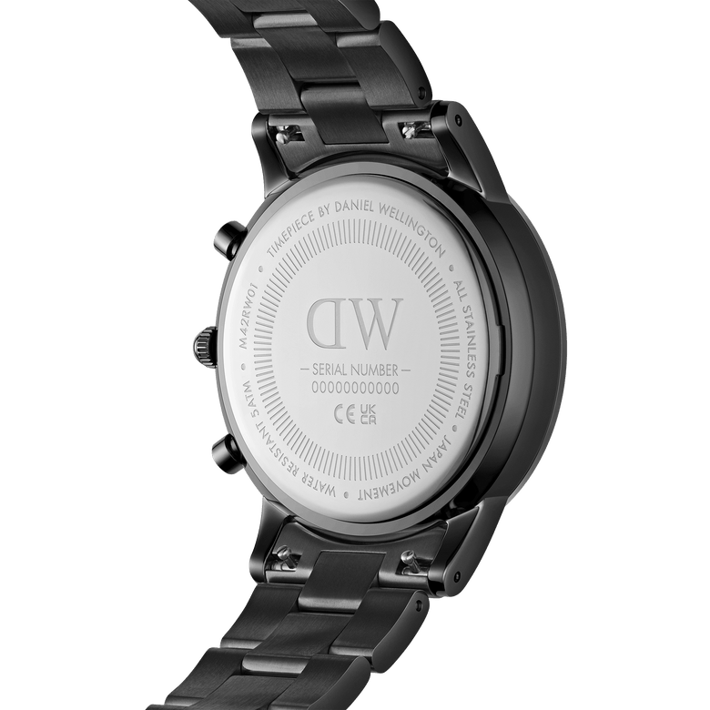 Back view of the Iconic Chronograph Link Onyx B men's watch showing the engraved stainless steel case, serial number, and robust black link bracelet.