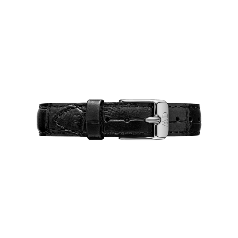 Slim black croc-embossed leather watch strap with a polished silver buckle, designed for Daniel Wellington watches and suitable for both men’s and ladies’ timepieces.