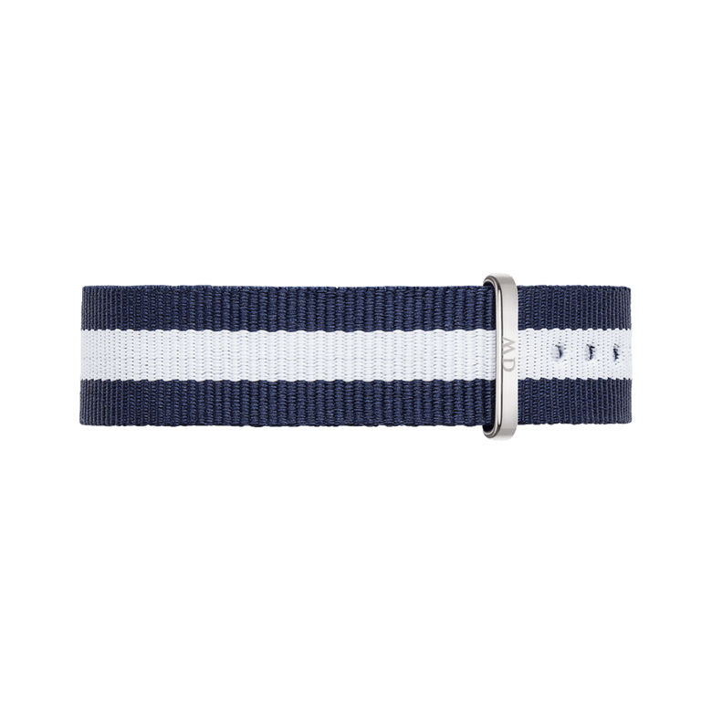 Glasgow Strap Silver in a navy and white striped NATO style, featuring a polished silver buckle and multiple size holes for an adjustable fit.
