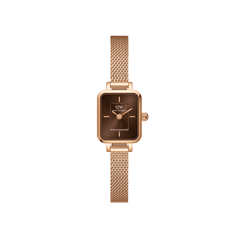 Quadro Mini Melrose Amber features a rectangular rose gold case with a warm amber sunray dial and a matching rose gold mesh strap, offering a refined and minimalist look ideal for petite wrists.