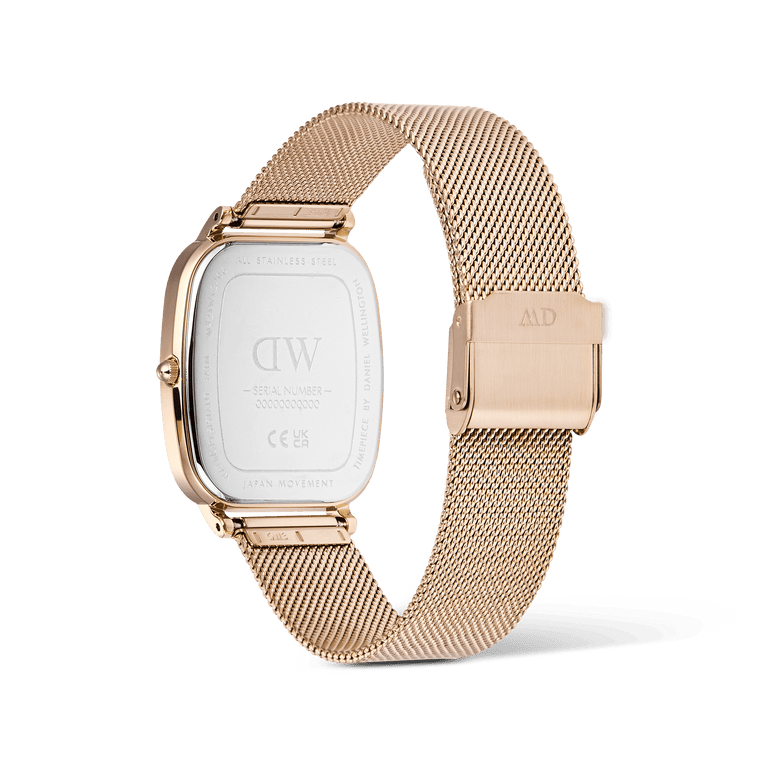 Rear view of the Marlon Melrose Linen men’s watch showing the stainless steel case back, rose gold mesh strap, and adjustable clasp buckle.
