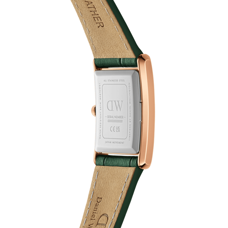 Back view of the Bound Crocodile Emerald Sunray Rose Gold watch showing the stainless steel case, rose gold sides, and genuine emerald green leather strap with crocodile embossing.