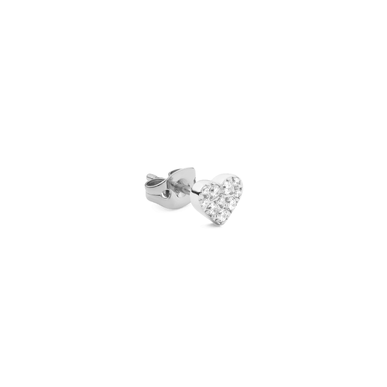 Crystal Heart Stud Silver earring with a petite heart shape, set with shimmering cubic zirconia crystals and a secure butterfly clasp, shown against a plain background.