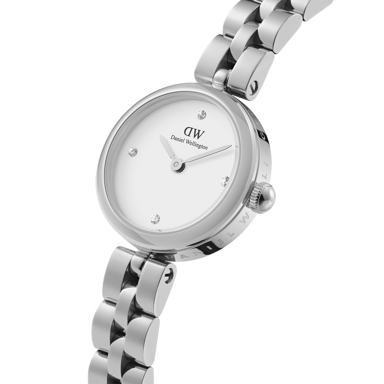 Elan Lumine Silver ladies watch with a polished stainless steel bracelet, minimalist white dial, and crystal markers, highlighting its refined and modern design.