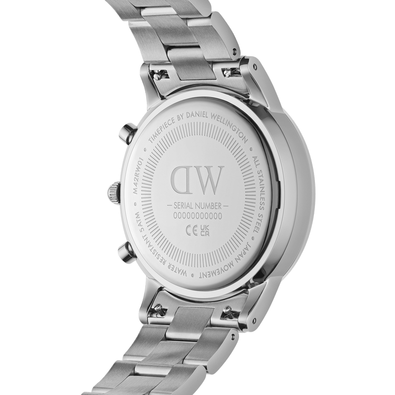 Back view of the Iconic Chronograph Arctic S showing the engraved stainless steel case, serial number, and polished silver bracelet, highlighting its robust build and Japanese movement details.