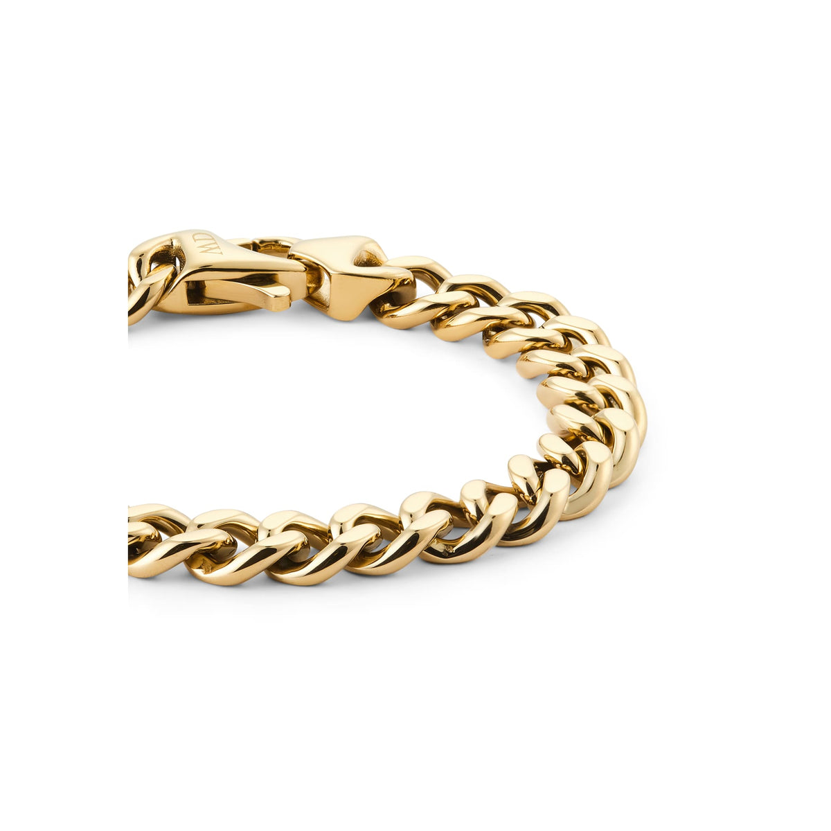 Ellipse Cuban Chain Bracelet in polished gold with a secure clasp, featuring a classic Cuban link design ideal for men seeking a stylish gold bracelet.
