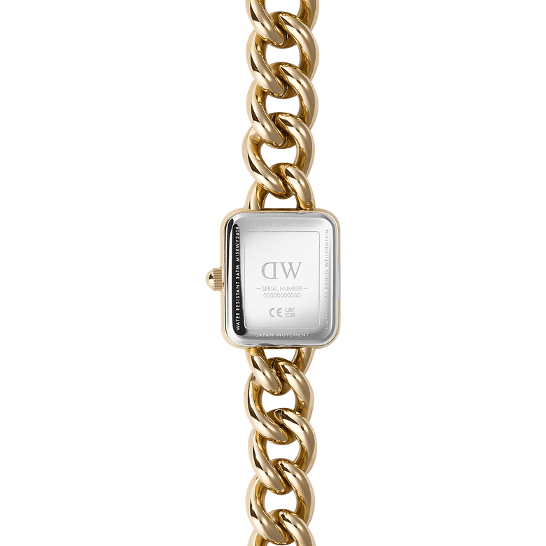Back view of the Jolie Chain Gold ladies watch, showing the stainless steel case back, gold PVD plated chunky chain bracelet, and detailed craftsmanship.