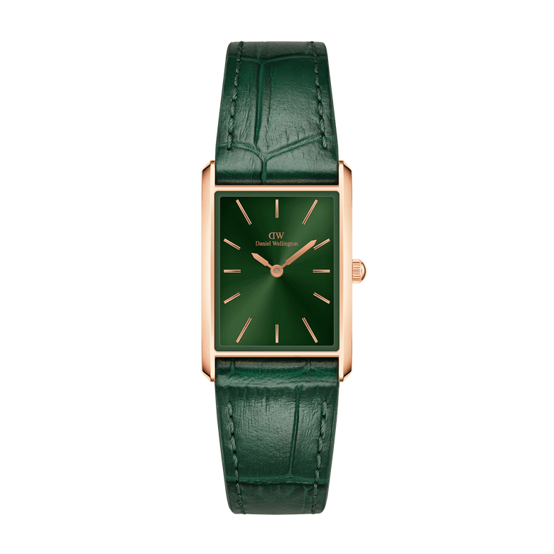 Rectangular rose gold watch with a deep green sunray dial and an emerald green crocodile-embossed leather strap, featuring minimalist hour markers and a slim profile.