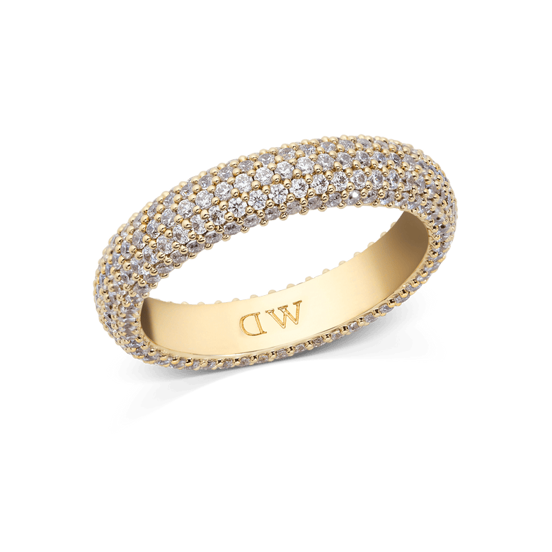 Gold Pavé Ring 5 mm featuring a wide band set with rows of sparkling white cubic zirconia crystals, showcasing a bold and elegant design suitable for everyday wear or special occasions.