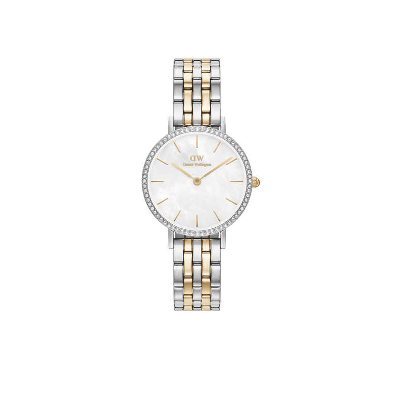 Elegant ladies watch with a two-tone gold and silver 5-link bracelet, white mother of pearl dial, and a bezel set with sparkling stones, designed for petite wrists and everyday wear.