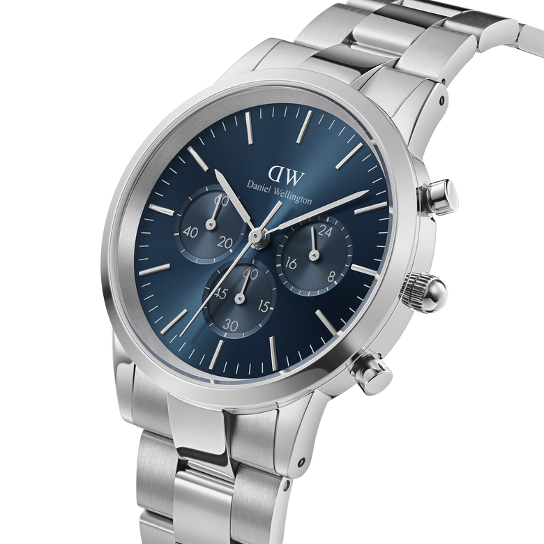 Iconic Chronograph Arctic S men's watch with a blue sunray dial, three stopwatch sub-dials, and a polished silver stainless steel bracelet, shown at an angle to highlight its sleek design and robust build.