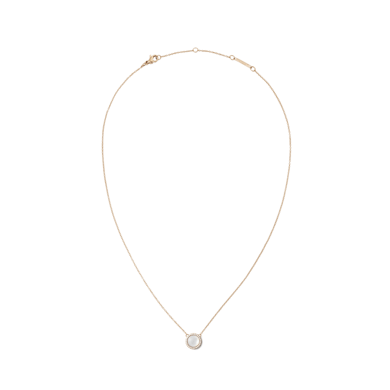 Rose gold Audrey Necklace featuring a domed mother of pearl pendant encircled by white cubic zirconia crystals, displayed on a delicate adjustable chain.