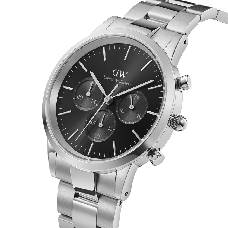 Iconic Chronograph Link Onyx S men's watch with a black sunray dial, three chronograph sub-dials, and a polished silver stainless steel link bracelet, shown at an angle to highlight its bold and modern design.