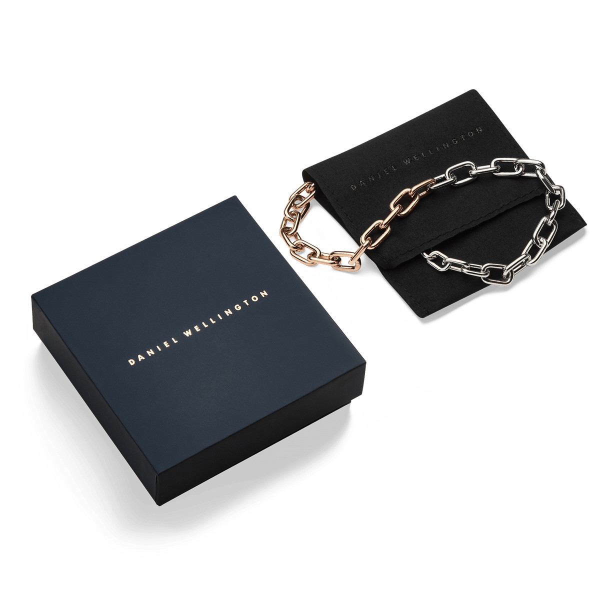 Contrast Link Necklace Two Tone Rose Gold displayed with its Daniel Wellington gift box and pouch, highlighting the distinctive half rose gold and half silver chain design.