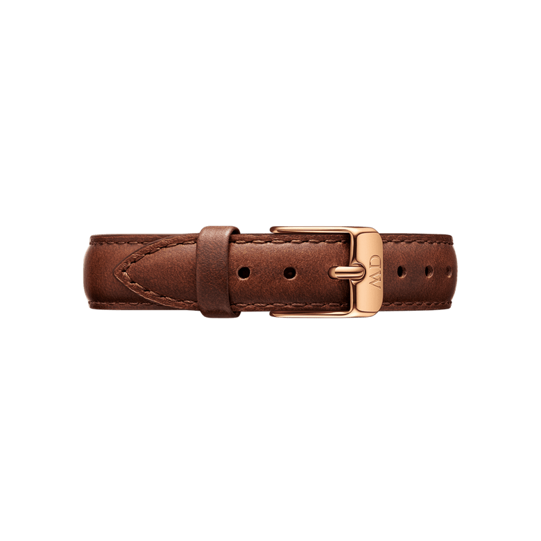 St Mawes Strap Rose Gold showcases a smooth brown leather watch strap with a polished rose gold buckle and neat stitching, designed for a classic and versatile look.