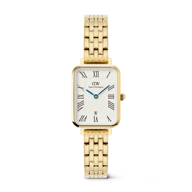 Rectangular ladies gold watch with a 5-link bracelet, white guilloché dial, Roman numerals, date window, and polished gold finish, suitable for everyday wear or formal occasions.