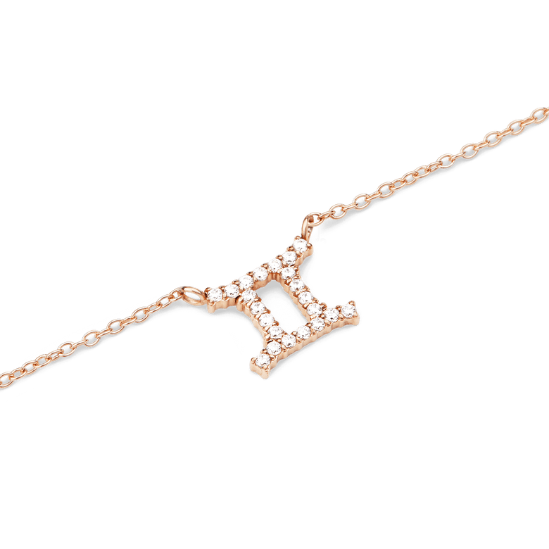 Crystal Zodiac Chain Necklace Rose Gold with a Gemini zodiac pendant, featuring hand-set crystals on a fine rose gold chain for a modern, personalised accessory.