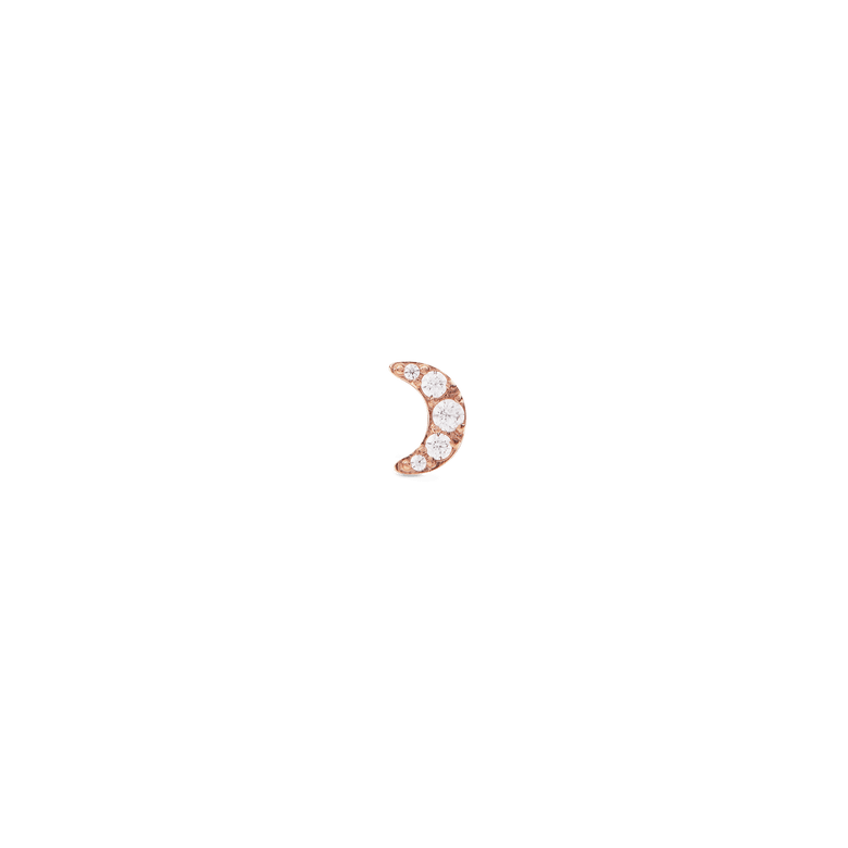 Crystal Moon Stud Rose Gold earring in a crescent shape, featuring sparkling cubic zirconia crystals set in rose gold, shown against a plain background.