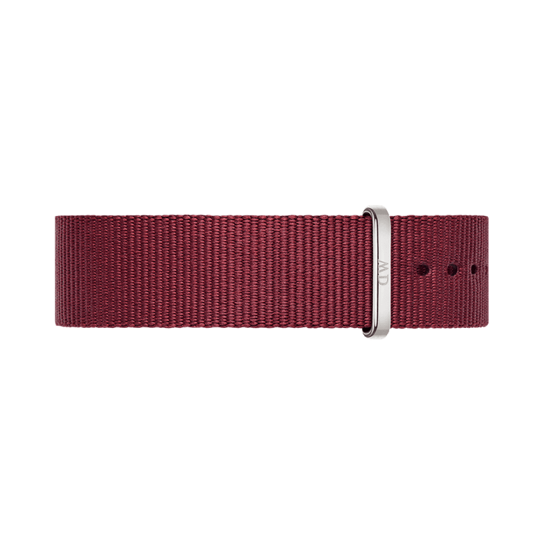 Roselyn Strap Silver in deep ruby red polyester with a minimalist NATO design and a polished silver buckle, suitable for both men’s and women’s watches.